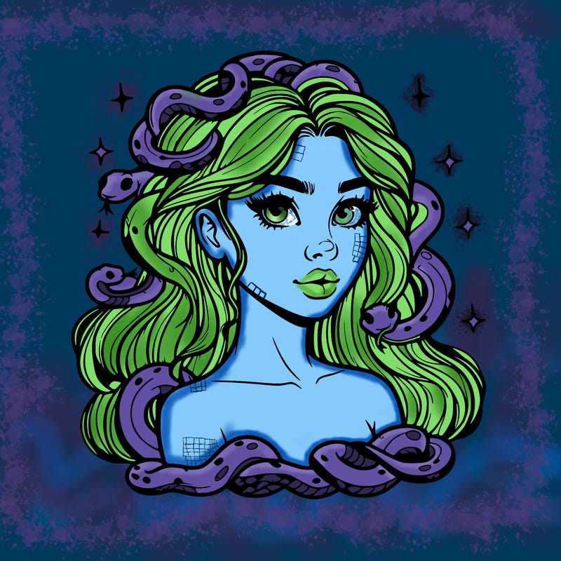 realistic girl with snakes as hair