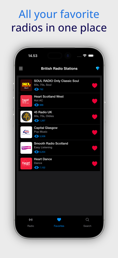 A screenshot of the favorites screen in the UK Radio Stations Live app showing a list of saved British radio stations.