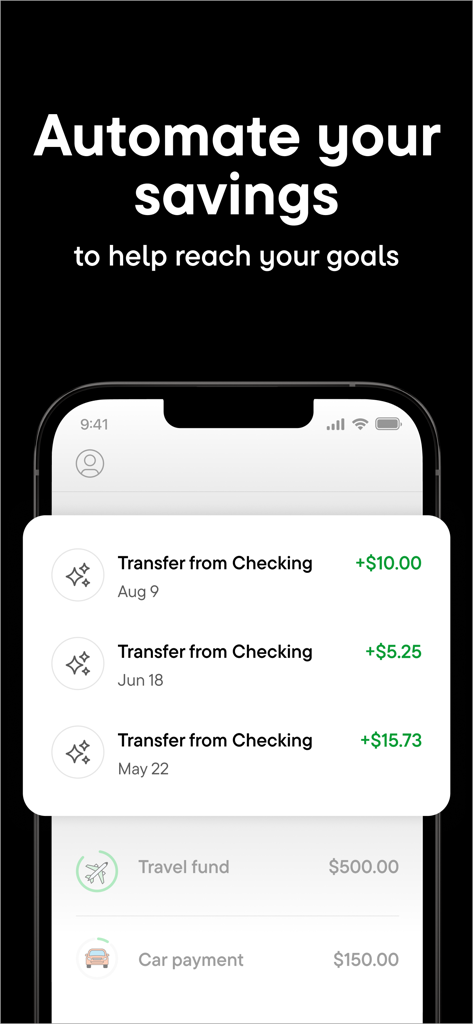 Oportun app interface showing automated transfers and savings goals like travel and car payment
