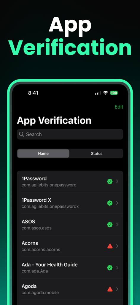 Pantalla de Verificación de Aplicaciones en LockDown Privacy mostrando el estado de seguridad y alertas de riesgo para aplicaciones móviles instaladas