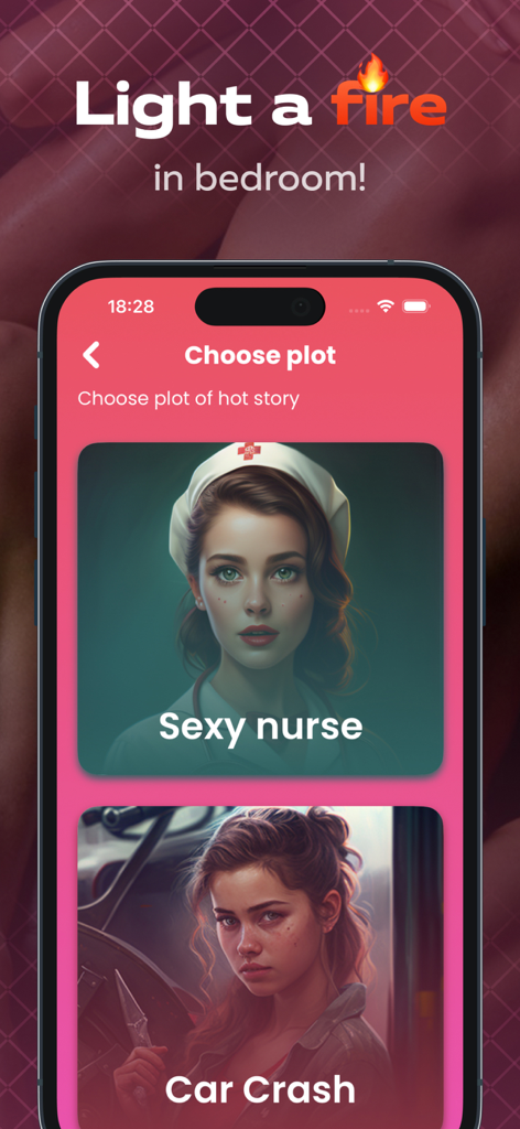 Menú de la app móvil de Sex Actions mostrando opciones de juegos de rol de historias picantes como enfermera sexy y choque de coches