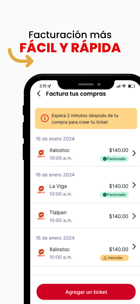 OXXO GAS Clientes mobile app interface displaying fuel purchase history and digital invoicing status