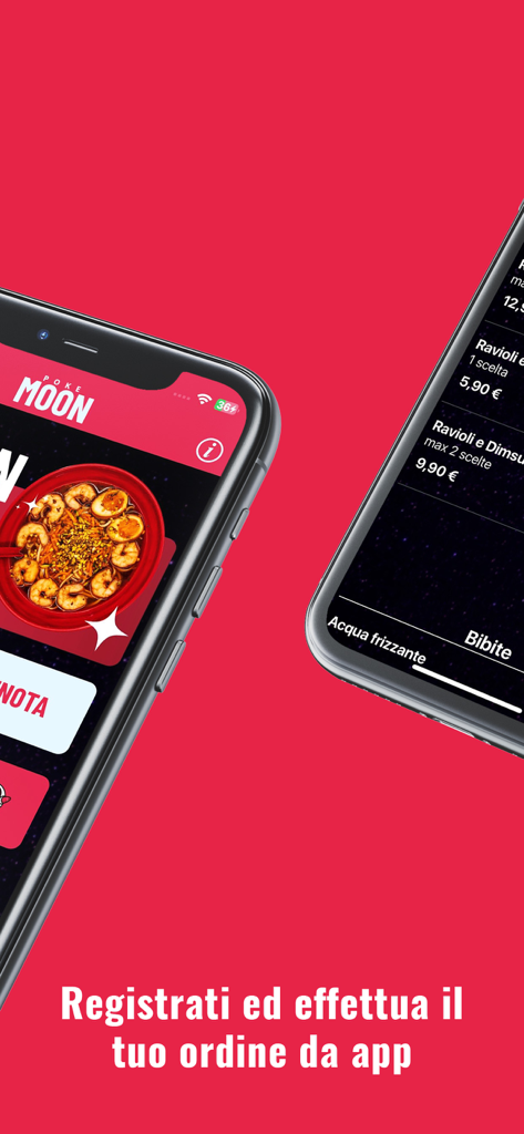 Interface of the Poke Moon app for ordering ramen and poke bowls