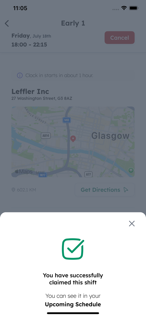 A confirmation message in the Sona app stating that a shift has been successfully claimed