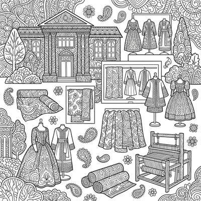 Immerse yourself in the fascinating world of textile history with this unique Zentangle coloring page. Discover intricate patterns adorning museum exhibits, from elegant garments to ancient looms, all waiting for your creative touch.