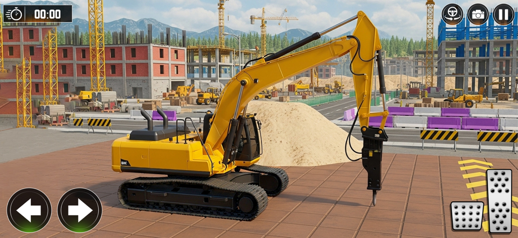 Heavy Excavator Machine Game - Escavadeira pesada amarela com acessório de rompedor em um canteiro de obras na cidade