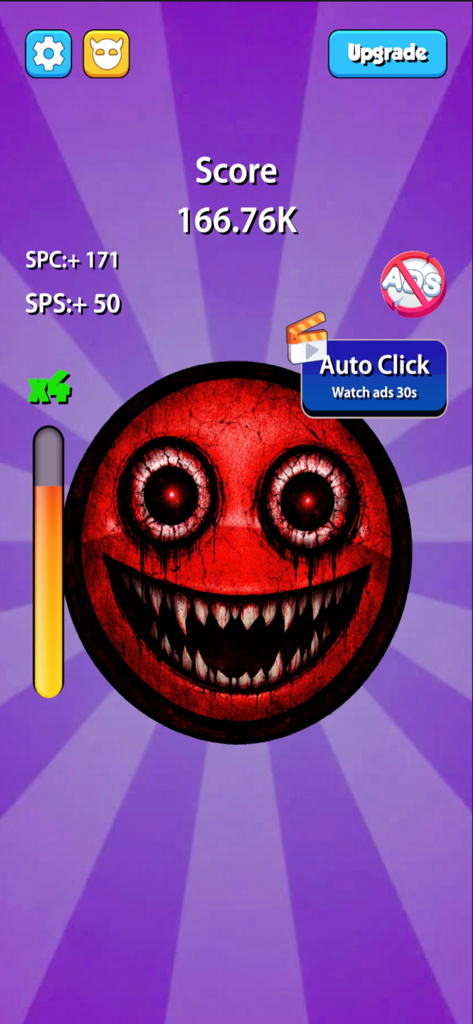 Fun Clicker. - A screenshot of Fun Clicker showing a creepy red emoji with sharp teeth and a high score