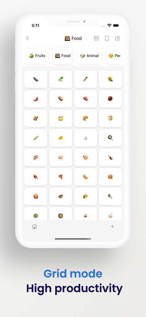Interfaz de modo de cuadrícula de la aplicación Memo Block con iconos de categorías de alimentos