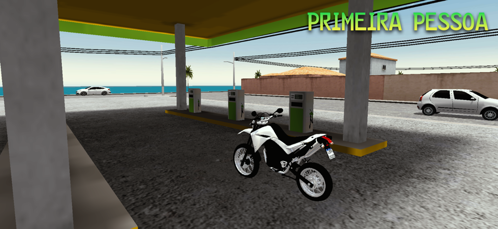 Motos Brasil Online - A white motorcycle parked at a coastal gas station in Motos Brasil Online