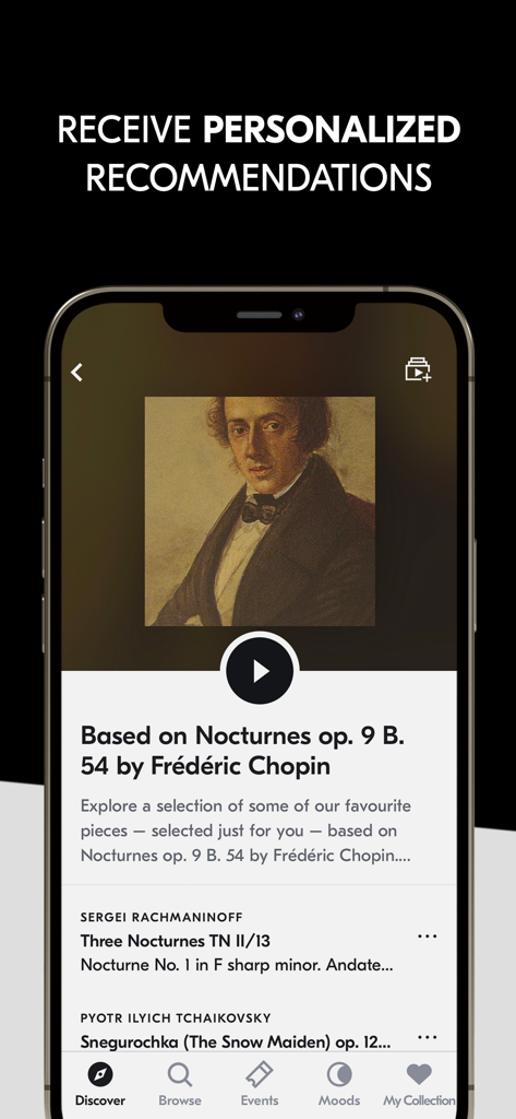 IDAGIO Stream Classical Music - Smartphone screen displaying personalized classical music recommendations in the IDAGIO app based on Chopin.