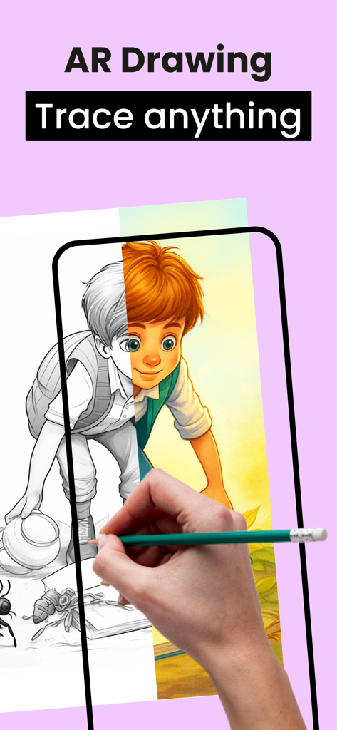 AR Drawing Sketch Paint; Trace - Mano trazando un personaje digital sobre papel usando la aplicación Dibujo AR