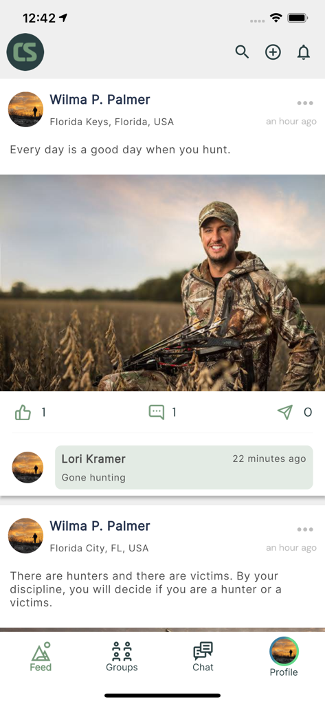 CamoSpace - CamoSpace app interface displaying a social media feed with a post about hunting.
