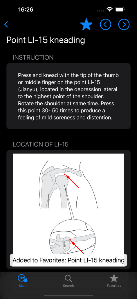 Guía de instrucciones para el punto de acupresión del hombro LI-15 en la aplicación Masaje de Salud Chino