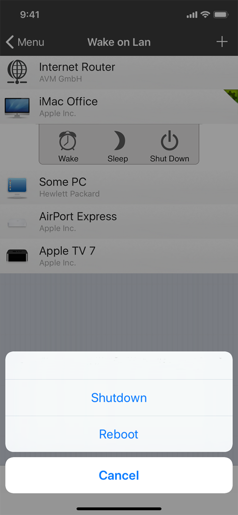 iNet Pro - Network Scanner - Wake on Lan screen in iNet Pro showing remote management options for networked devices