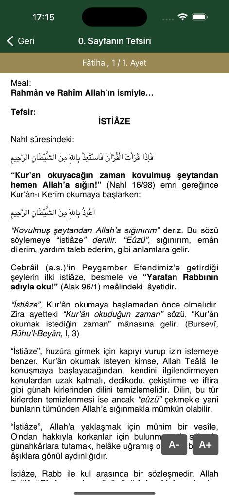 Screenshot of the KuranveMeali app displaying Turkish tafsir and translation of a Quranic verse with text adjustment tools