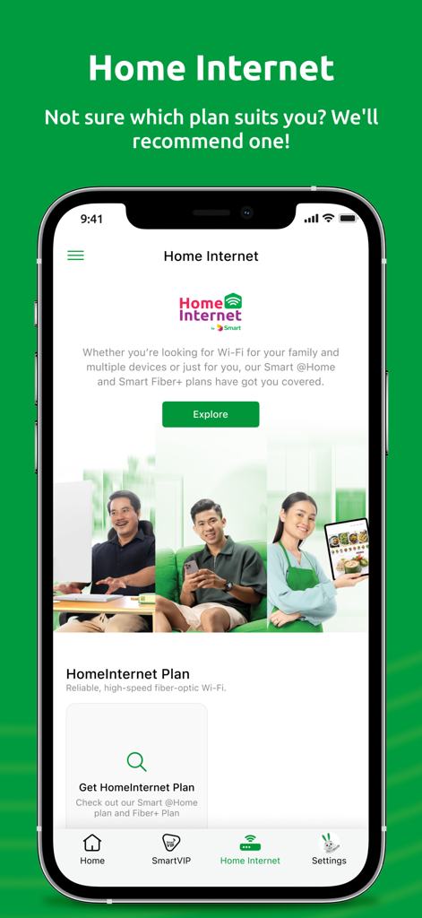 SmartNas - SmartNas mobile app screen showing home internet and fiber optic plan options