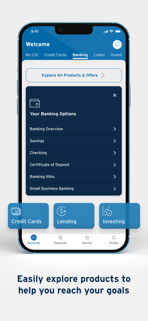 Citi Mobile app interface showing banking categories like savings checking and IRAs