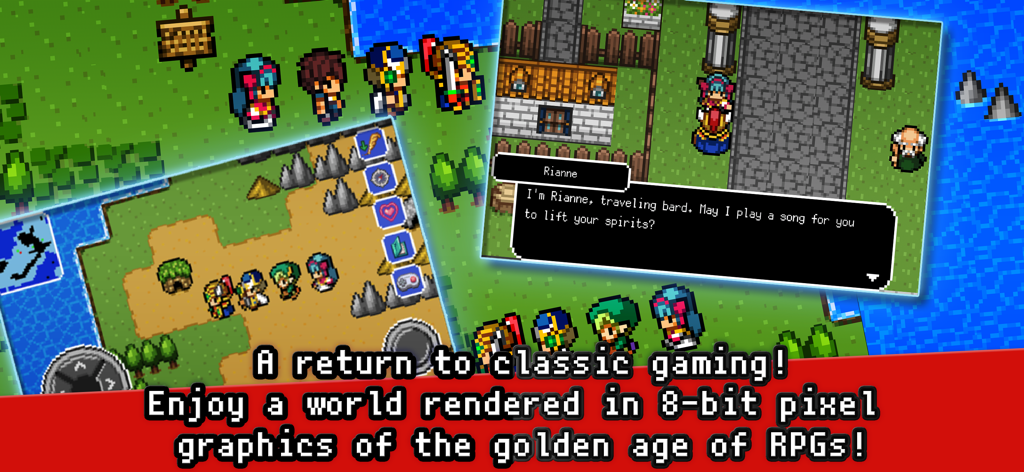 [Premium] RPG Dragon Sinker - RPG Dragon Sinkerのゲームプレイ画面。レトロ8ビットのピクセルアートグラフィックと、旅の吟遊詩人とのキャラクター会話が表示されています。