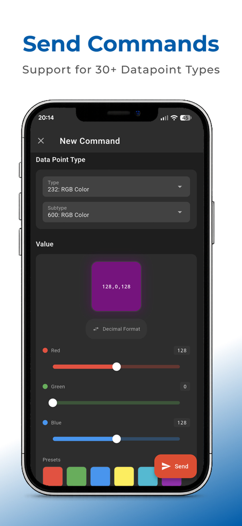 SharKNX - Interfaz de la aplicación SharKNX para enviar comandos de color RGB con deslizadores y ajuste de valores