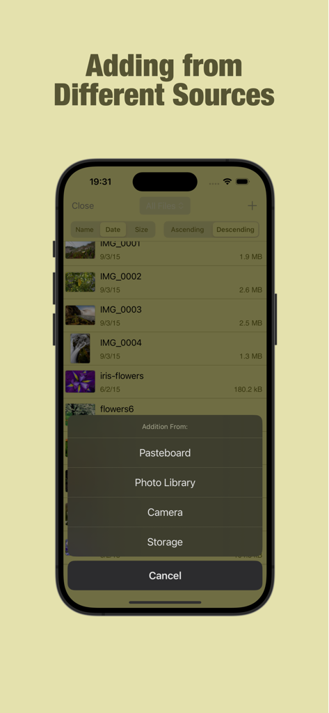 KeyAccess - Interfaz de la aplicación KeyAccess que muestra opciones para importar archivos desde Portapapeles, Biblioteca de fotos, Cámara y Almacenamiento.