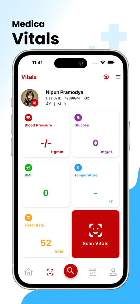 A screenshot of the Medica Health Wallet app vitals dashboard showing blood pressure, glucose, BMI, and heart rate tracking