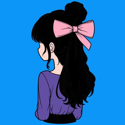 realistic girl  with hip length hair a bun and a big bow on the back of head