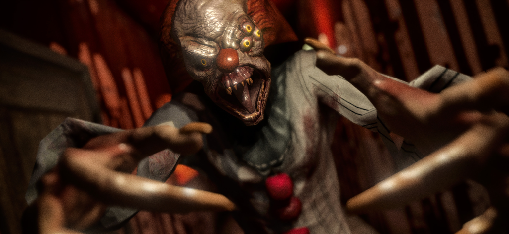 A terrifying monstrous clown with multiple eyes and sharp teeth reaching out in a dark horror game setting.