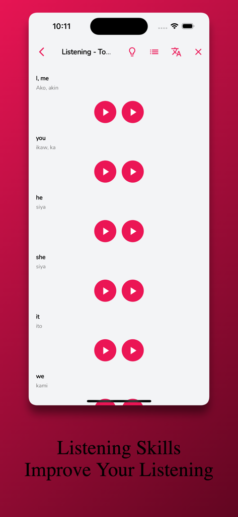 Tagalog Learning - Beginners - A mobile screen from the Tagalog Learning app showing a listening exercise for personal pronouns like I, you, he, and she with audio play buttons.