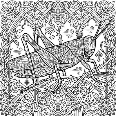 Step into a world of dark elegance with this unique Gothic grasshopper coloring page. Its intricate patterns and melancholic beauty offer a captivating artistic challenge for adult colorists.