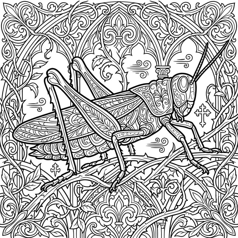 Step into a world of dark elegance with this unique Gothic grasshopper coloring page. Its intricate patterns and melancholic beauty offer a captivating artistic challenge for adult colorists.