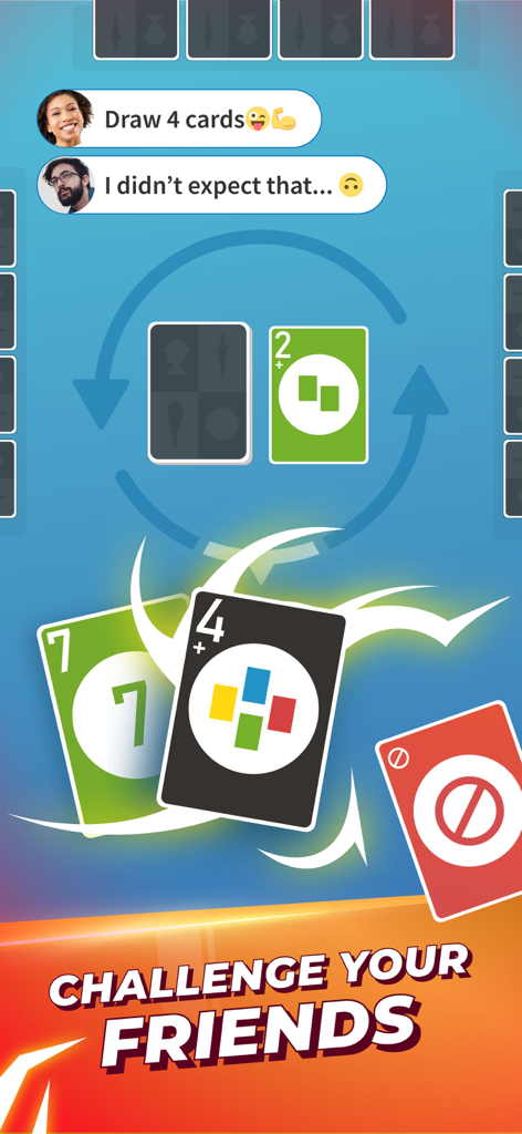 Interfaz del juego de cartas clásico Uno de PlayJoy mostrando chat multijugador y texto de desafío de amigos