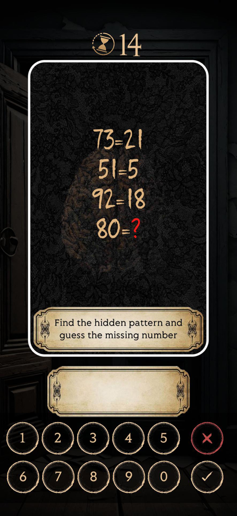 Un écran de puzzle logique dans le jeu d'évasion The 7 Doors montrant un défi de modèle numérique à résoudre dans une manche.