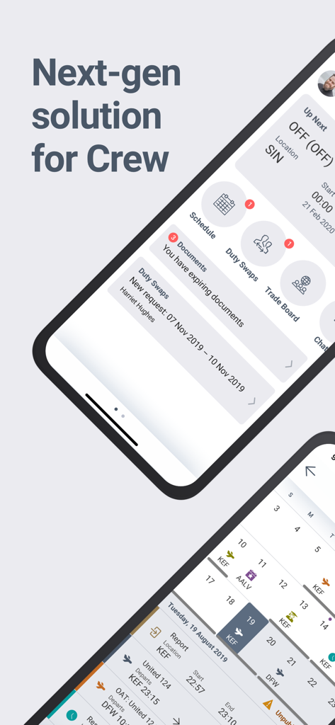 CAE Crew Access Mobile app interface displaying airline crew schedule and duty swap features