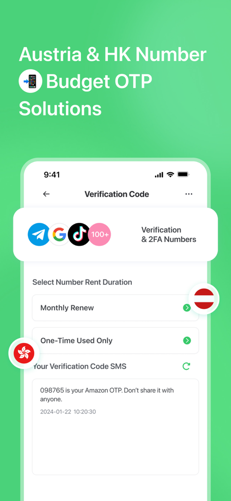 Textr Go: Personal Text & Call - Interface do aplicativo Textr Go para números de telefone virtuais da Áustria e de Hong Kong para verificação OTP e 2FA