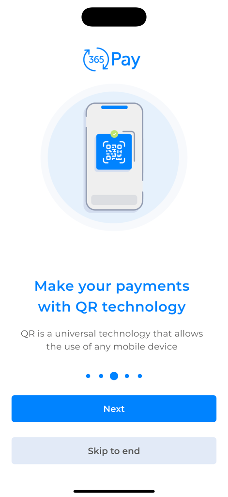 365Pay SV - Pantalla de incorporación de la aplicación 365Pay SV que muestra la función para realizar pagos con tecnología QR en un dispositivo móvil