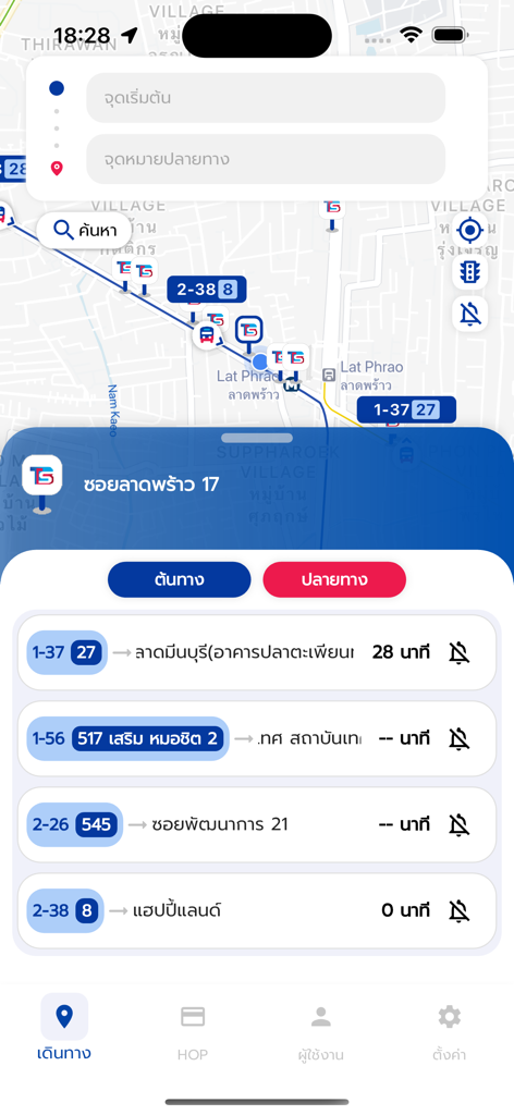 TSB Go Plusモバイルアプリのインターフェース。バンコクのバス路線とリアルタイムの到着予定時刻が表示された地図が特徴です。