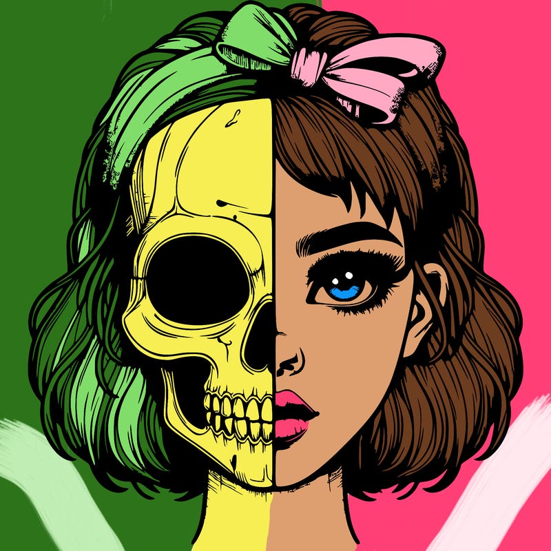 realistic girl with half skull mask