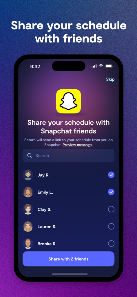 Saturn app interface for sharing a school schedule with Snapchat friends