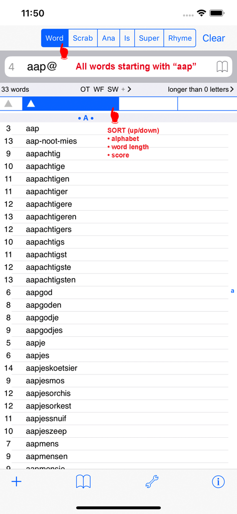 Oberfläche von NL Woordvinder PRO, die niederländische Wortsuchergebnisse für das Präfix 'aap' mit verschiedenen Sortieroptionen wie Alphabet und Wortlänge anzeigt