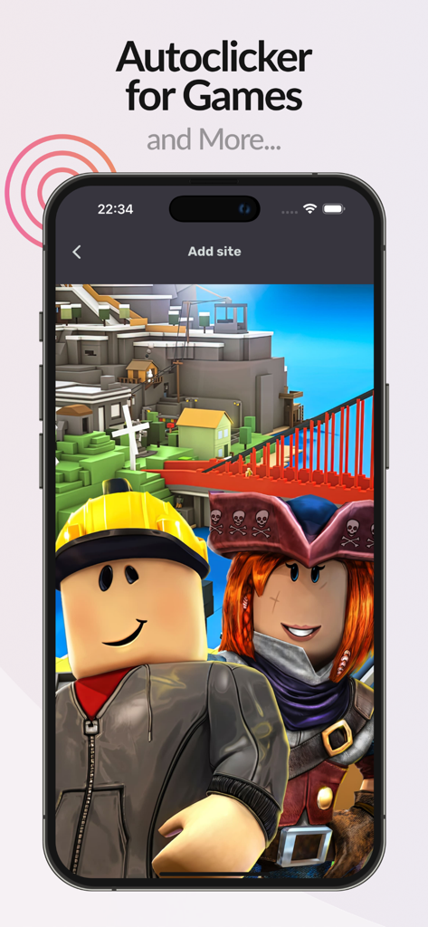 OP Auto Clicker- Automatic Tap - Pantalla de iPhone que muestra la aplicación OP Auto Clicker con una interfaz de juego de Roblox y personajes