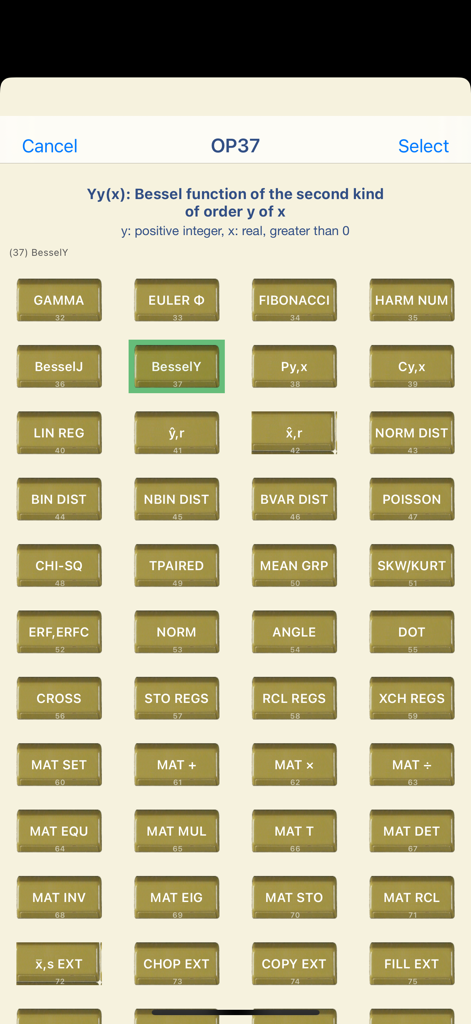 A menu of advanced mathematical and statistical functions in the RPN-67 SD calculator app