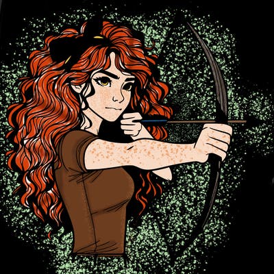 a woman with curly and messy hair using a bow to shoot arrow realistic