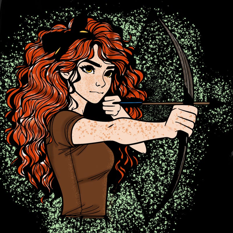 a woman with curly and messy hair using a bow to shoot arrow realistic