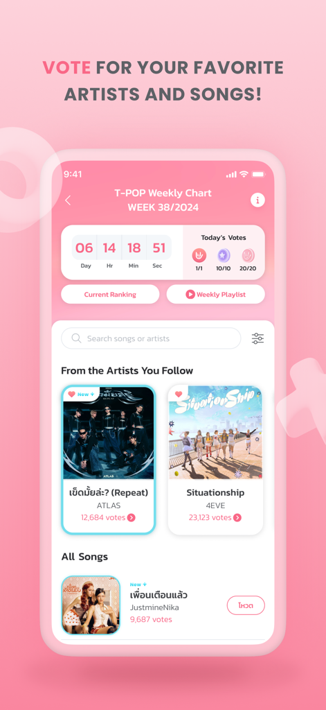 T-POP - T-POP app screen showing the weekly music chart and voting options for favorite Thai artists and songs