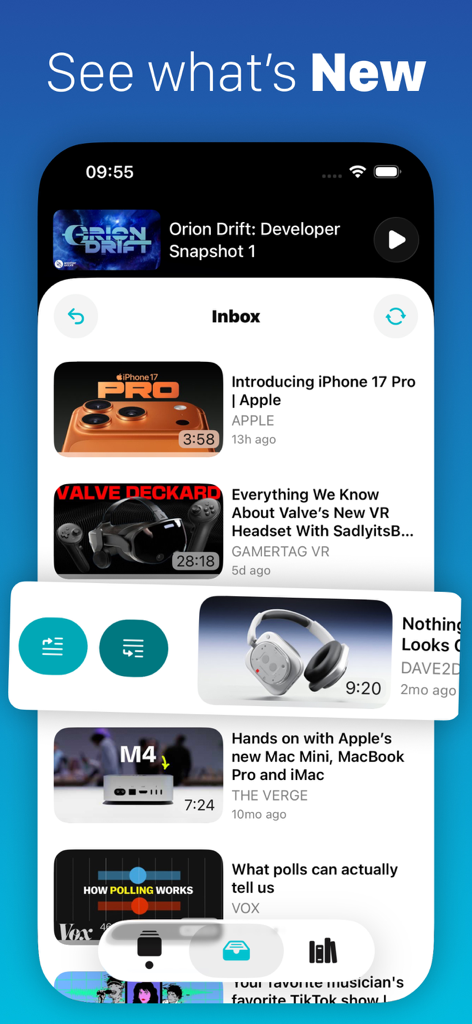Interface of the Unwatched app showing a curated video inbox and triage tools for managing YouTube subscriptions.