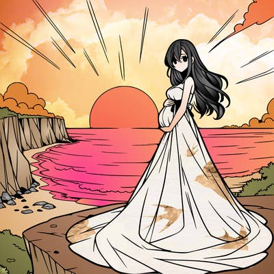 pregnant anime girl in a long flowy gown on a cliff overlooking the ocean at sunset