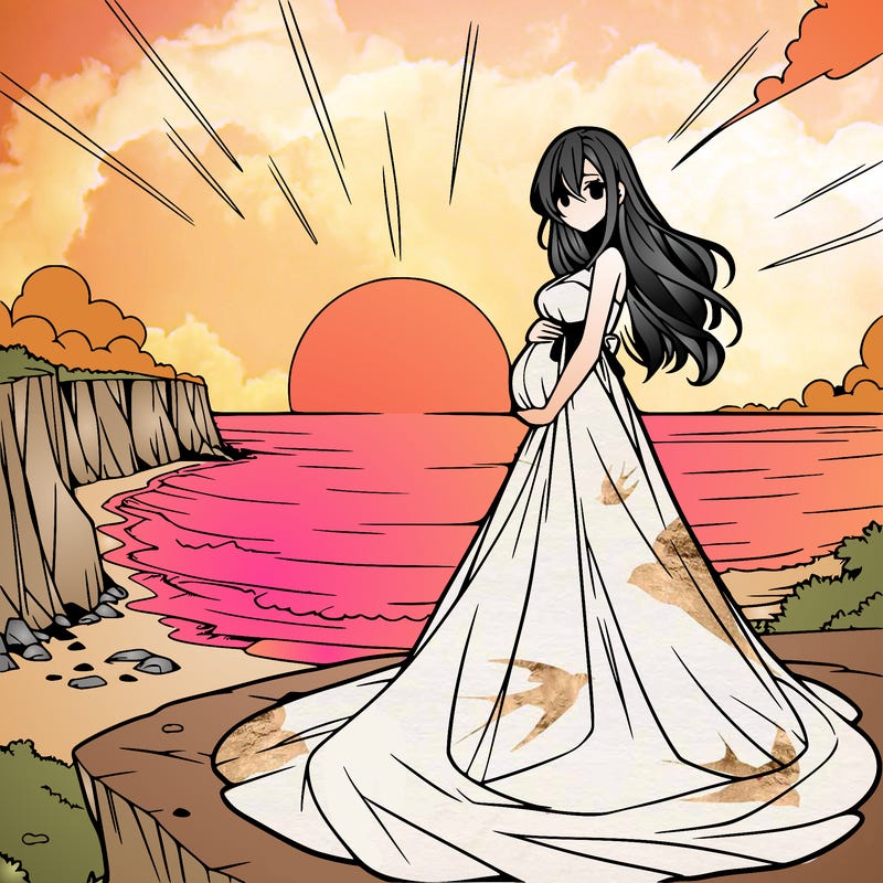 pregnant anime girl in a long flowy gown on a cliff overlooking the ocean at sunset