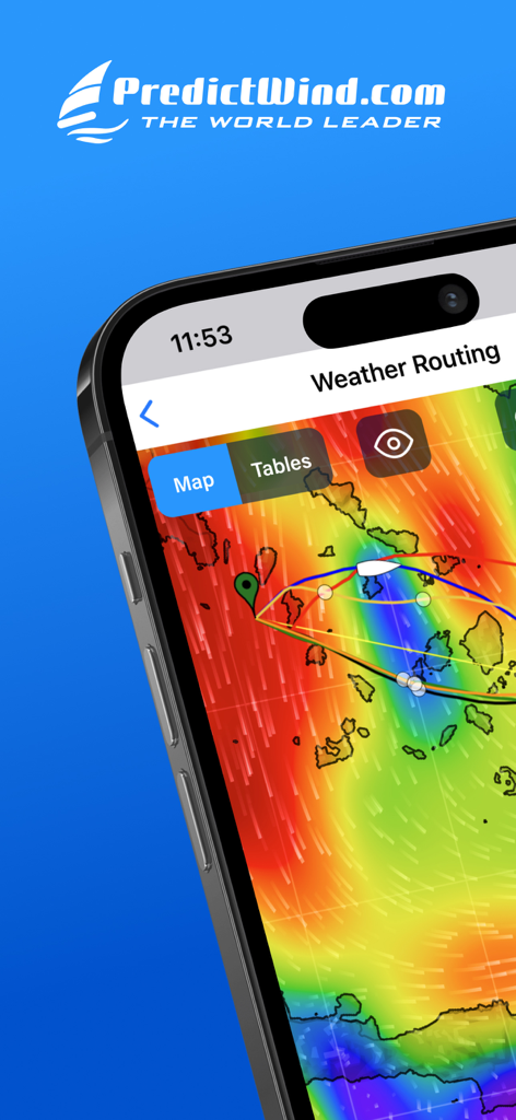 PredictWind — Marine Forecasts - PredictWind app showing marine weather routing and wind maps on a smartphone
