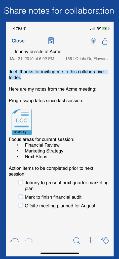 Notate for Microsoft 365 - Notate for Microsoft 365 app displaying shared meeting notes with a checklist and document attachment for professional collaboration
