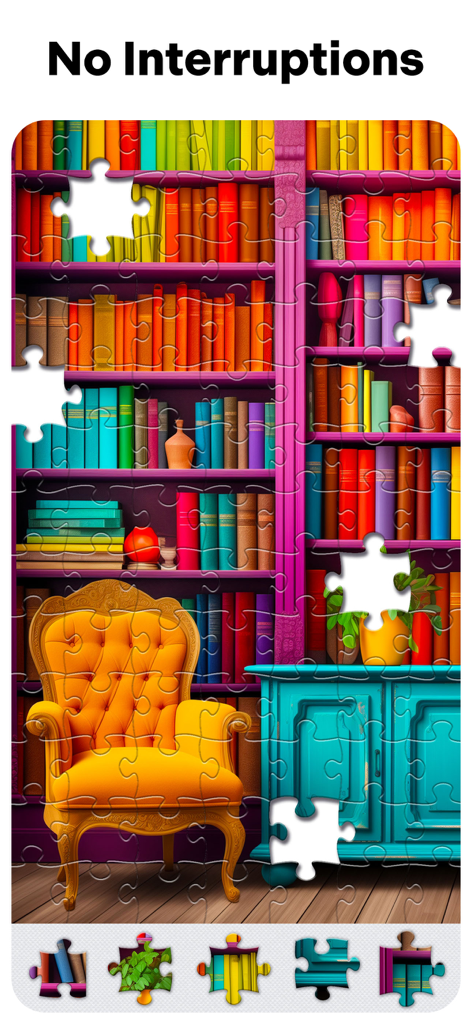 Jigsaw Puzzles for Adults HD - Un puzzle de rompecabezas digital con temática de biblioteca que presenta un sillón amarillo y estanterías coloridas.
